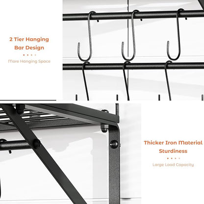 OROPY 31 Inch Wall Mounted Pot Rack Storage Shelf with 2 Tier Hanging Rails 14 S Hooks included, Ideal for Pans, Utensils, Cookware - Black - Image 4