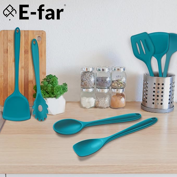 E-far 10 Pieces Silicone Cooking Utensils Set, Heat Resistant Kitchen Utensil Set for Nonstick Cookware, Kitchen Cooking Tools with Spatula, Spoon, Slotted Turner, Non-Toxic & Dishwasher Safe (Blue) - Image 7