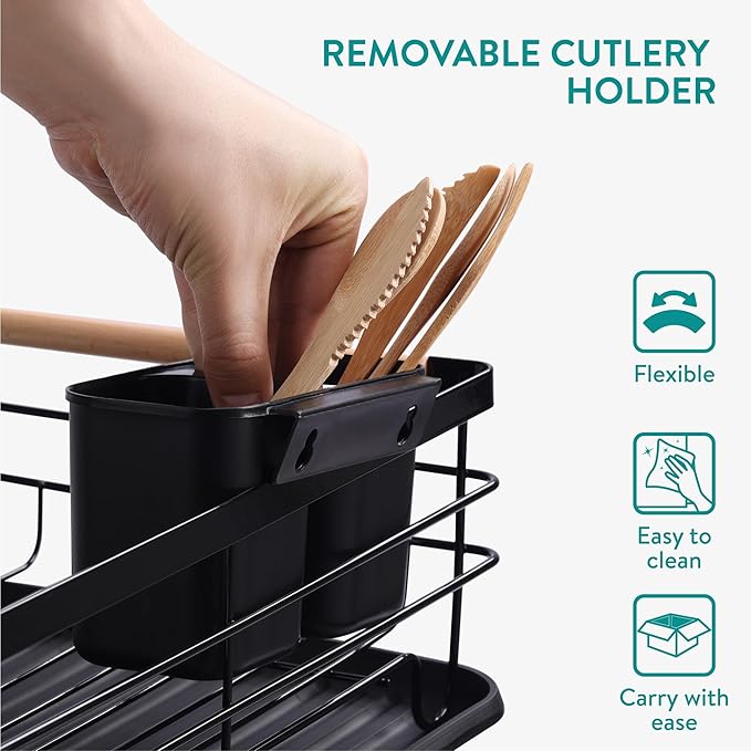 Navaris 2 Tier Dish Rack - Compact Drying Kitchen Board with Drip Tray & Cutlery Holder - Easy to Assemble and Clean Dishes - Sink Drainer Rack - Black - Image 3