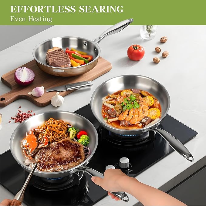 Triple Ply Stainless Steel Pots and Pans Set, EWFEN 12 Piece Induction Cookware Set, Oven Dishwasher Safe | Frying Pans, Saucepans, Saute Pan & Stock Pot, PFOA Free Kitchen Skillet - Image 4