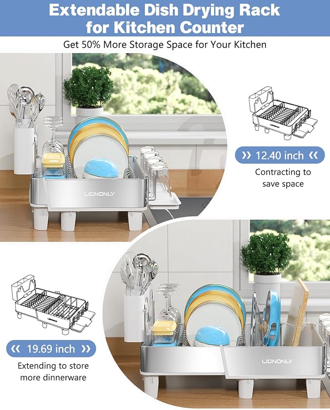 Dish Drying Rack, 304 Stainless Steel Expandable Dish Rack with Adjustable Drain Spout, Large Capacity Dish Drainer with Utensil Holder, Cup Holder and Cutting Board Rack for Kitchen Counter, White - Image 4