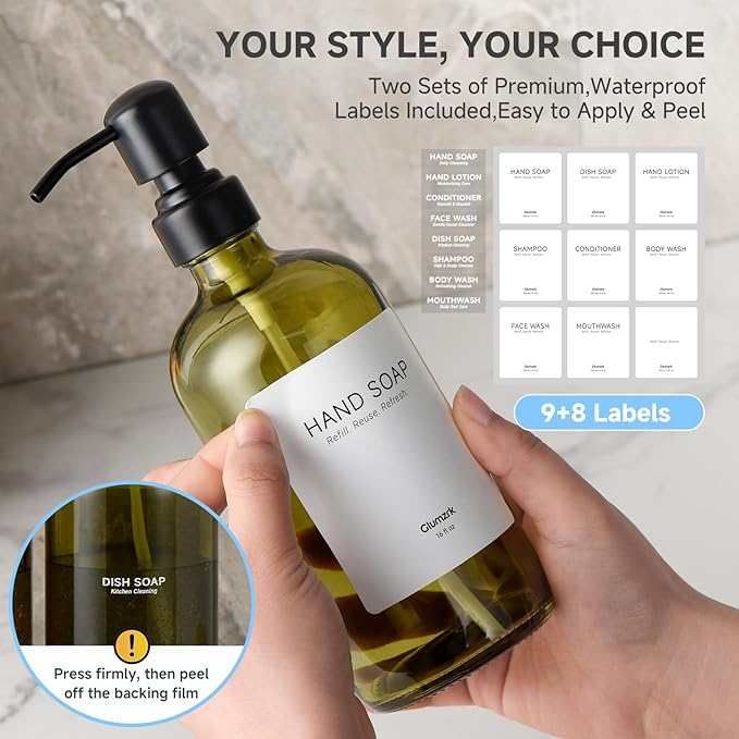 2 Pack Kitchen Soap Dispenser Set - 16oz Green Glass Dish and Hand Soap Dispenser with Stainless Steel Pump, Instant Dry Tray, Dish Brush & Holder, Refillable Countertop Sink Decor for Kitchen & Bath - Image 4