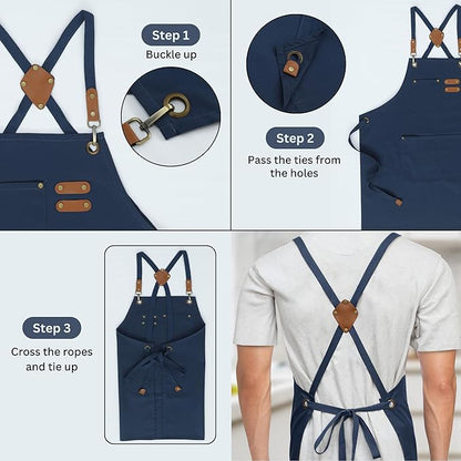 RUVANTI Work Aprons for Men, Oil & Water Repellent, PolyCotton Cross Back Aprons for Women with Pockets, Adjustable up to XXL, Chef Aprons for Cooking, Grilling, Welding, Woodworking - Blue Aprons