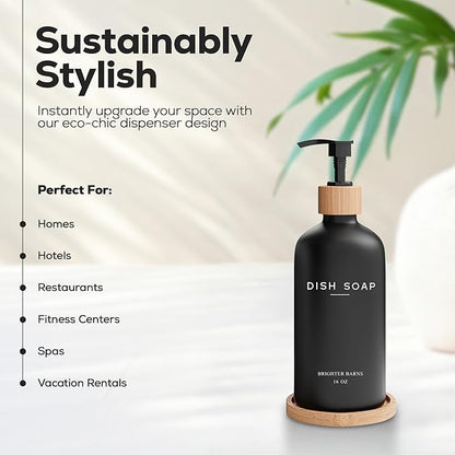 Black Glass Dish Soap Dispenser for Kitchen Sink by Brighter Barns - Modern Kitchen Soap Dispenser Set with Tray - Bamboo Bottle with Pump - Boho Home Decor, Modern Home Decor for Airbnb, Gift (Black) - Image 2