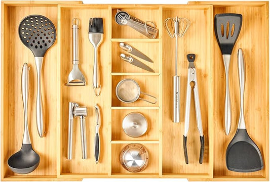 Umilife Extra Large Expandable Kitchen Drawer Organizer for Utensil and Junk, 19" Deep for Big Drawer, 17" to 28" Adjustable Bamboo Wood Drawer Divider, Cutlery Tray, Flatware Holder by Umilife
