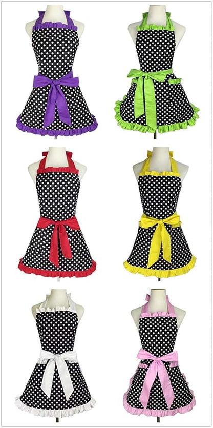 Hyzrz Cute Apron Retro Black Polka Dot Retro Ruffle Side Vintage Cooking Aprons with Pockets for Women Girls (Side Pink)