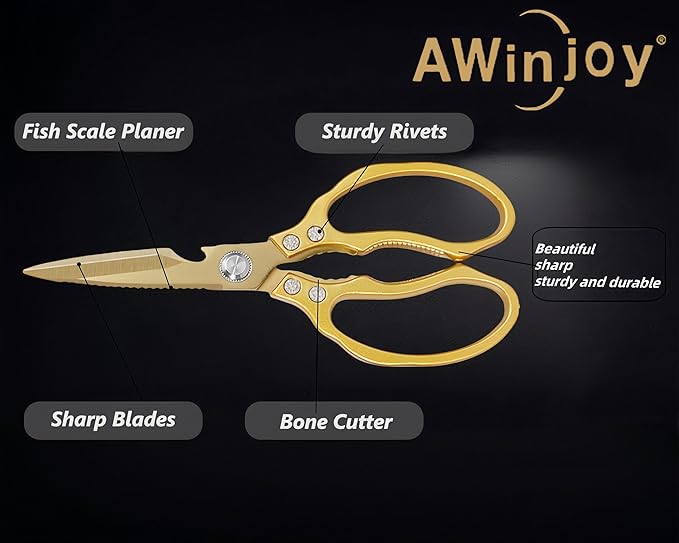 AWinjoy Japanese Gold Kitchen Scissors, Heavy Duty Stainless Steel, Multipurpose Cooking Shears, Dishwasher Safe - Image 3