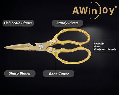 AWinjoy Japanese Gold Kitchen Scissors, Heavy Duty Stainless Steel, Multipurpose Cooking Shears, Dishwasher Safe - Image 3