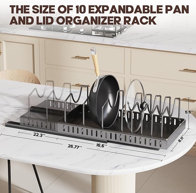 Pull Out Pots and Pans Organizer Under Cabinet, Expandable Sliding Lid Holder and Pan Rack for Kitchen, Slide Out inside Cabinet for Pot Lid, Bakeware, Dishes, 10 Adjustable Dividers, 1 Pack Black - Image 3