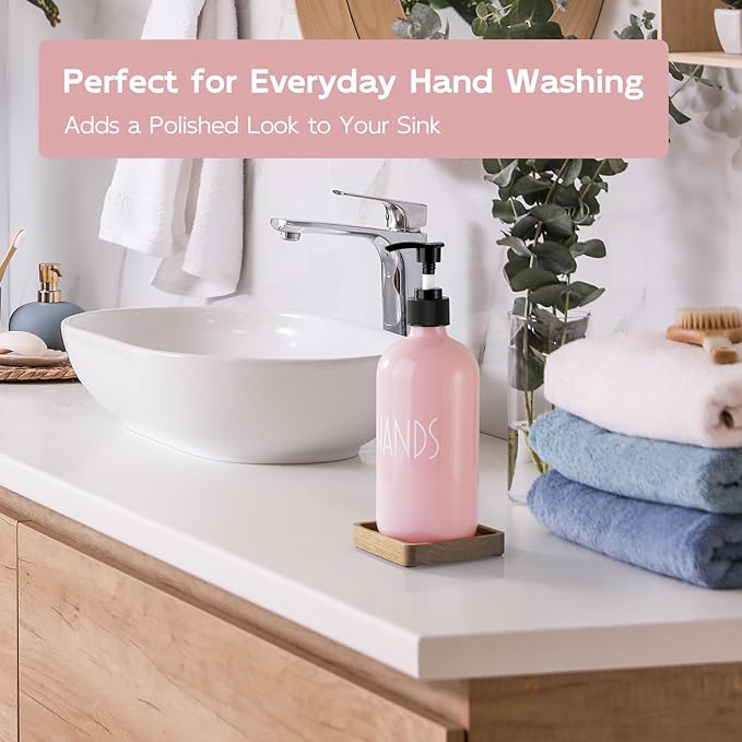 Pink Glass Hand Soap Dispenser with Acacia Wood Tray, 16 oz Refillable Hand Soap Pump Bottle, Decorative Countertop Soap Dispenser Set for Kitchen, Bathroom, Restaurant - Image 3