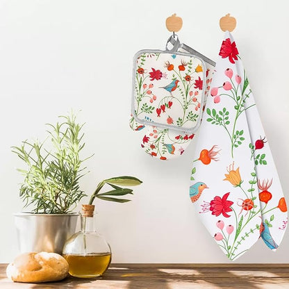 3 Pcs Kitchen Stuff, Kitchen Oven Mitts and Pot Holders Sets with Microfiber Wild Floral Kitchen Towels,Kitchen Accessories,Gifts for Women
