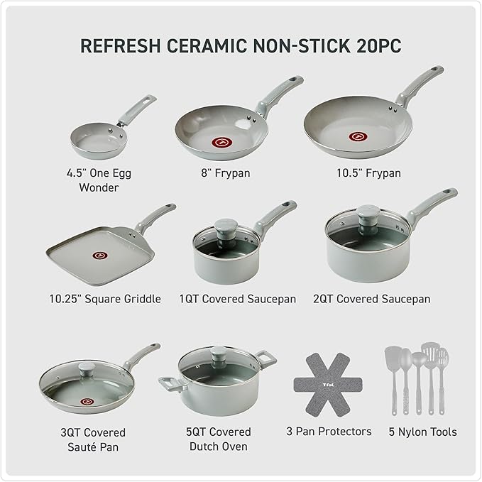 T-Fal Refresh Ceramic Pots and Pans Set, 20-Piece Nonstick Cookware Set, Stockpot, Griddle, Frying Pans, Utensils, Moon Grey - Image 2