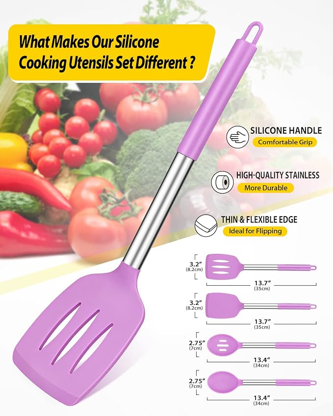 Pack of 4 Silicone Cooking Utensils Set, Non Stick Large Solid Spatulas, Heat Resistant Purple Slotted Spoons, Ideal BPA Free Kitchen Turners for Frying, Mixing,Serving,Draining,Turning,Stirring - Image 2