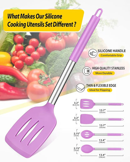 Pack of 4 Silicone Cooking Utensils Set, Non Stick Large Solid Spatulas, Heat Resistant Purple Slotted Spoons, Ideal BPA Free Kitchen Turners for Frying, Mixing,Serving,Draining,Turning,Stirring - Image 2