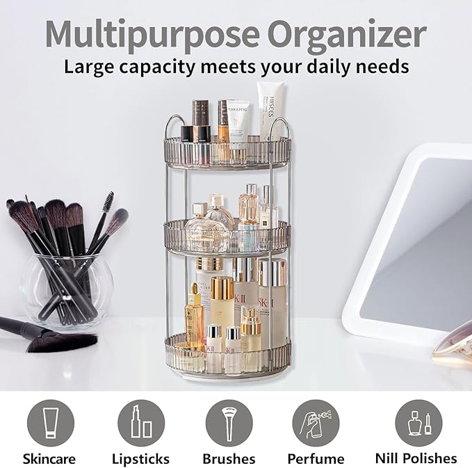 Asayuee 360 Rotating Makeup Organizer,3 Tier Large Capacity Make Up Organizers and Storage,Makeup Organizer for Bathroom,Cosmetic Perfume Stand Organizer(Grey-3 Tier) - Image 7