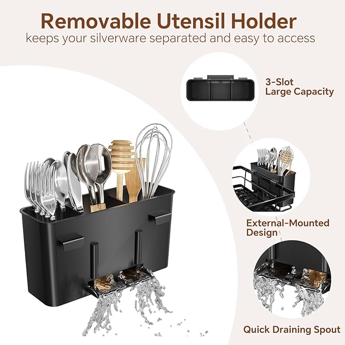 Simple Trending Dish Drying Rack for Kitchen Counter, Rust-Resistant Dish Rack, Large Dish Drainer Organizer with Cutlery Holder & Cup Holders, Black - Image 6