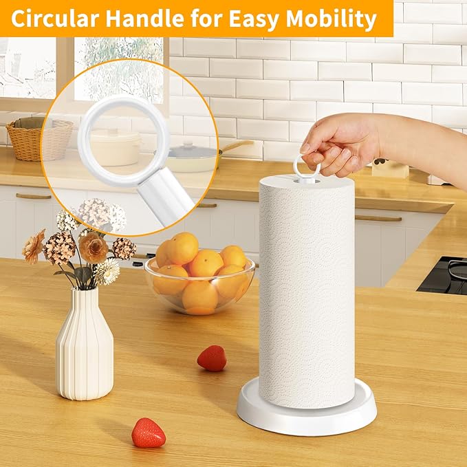 White Paper Towel Holder Countertop, White Kitchen Accessories Decor, Stainless Steel, Paper Towel Holder Stand for Bathroom Farmhouse Essentials, Weighted Base, Anti-Slip - Image 2