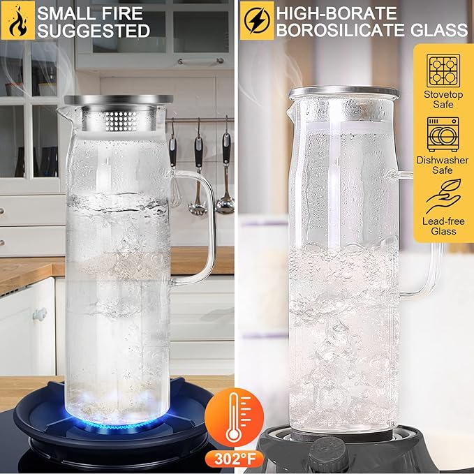 Yirilan Glass Pitcher, 1.5liter Glass Pitcher With Lid, Carafes and Pitchers, Iced Tea Pitcher, Water Carafe With Handle, Heat Resistant Borosilicate Glass Jug, Beverage Pitcher, Tea Jug With Brush - Image 2