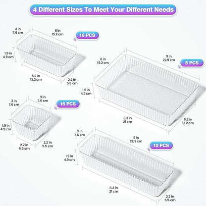 47 PCS Clear Plastic Drawer Organizer Set - 4 Sizes Makeup Organizer Desk Drawer Divider Bathroom Organizers and Storage Bins for Makeup, Jewelry, Gadgets, Office, Kitchen, Bedroom, Bathroom