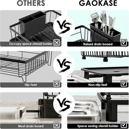 GAOKASE Dish Drying Rack, Stainless Steel-Dish Rack, Dish Racks for Kitchen Counter, Kitchen Dish Drainers with Removable Utensil Holder,New Drain Outlet,Plate Rack and Drainboard,Black - Image 3