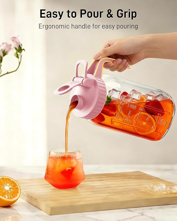 64 oz Glass Pitcher with Lid, Large Wide Mouth Mason Jar with Pour Spout, Pink Sun Tea Jar for Outside, Glass Water Pitcher Great for Drink, Cold Beverages and Breast Milk - Image 4