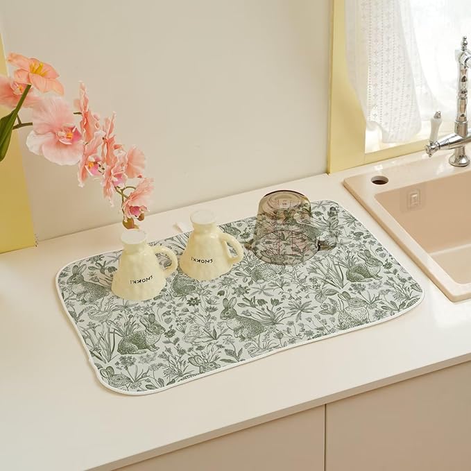Spring Easter Dish Drying Mat 18 x 24 inch Green Rabbit Bunny Botanical Floral Decorative Drying Mats Microfiber Absorbent Seasonal Dish Washable Draining Mat for Kitchen Counter Decor