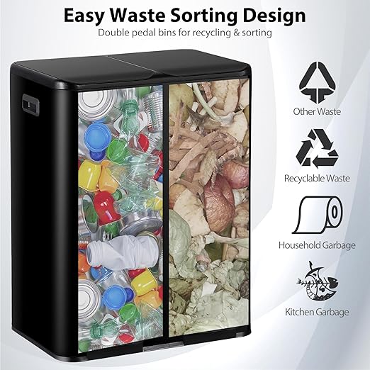 SUPER DEAL Kitchen Trash Can, 16 Gallon 60L Dual Garbage and Recycling Can with Foot Pedal for Kitchen, Living Room, Office, Removable Inner Buckets Soft Close Lid Odor Proof, Stainless Steel, Black