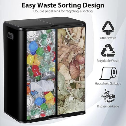 SUPER DEAL Kitchen Trash Can, 16 Gallon 60L Dual Garbage and Recycling Can with Foot Pedal for Kitchen, Living Room, Office, Removable Inner Buckets Soft Close Lid Odor Proof, Stainless Steel, Black