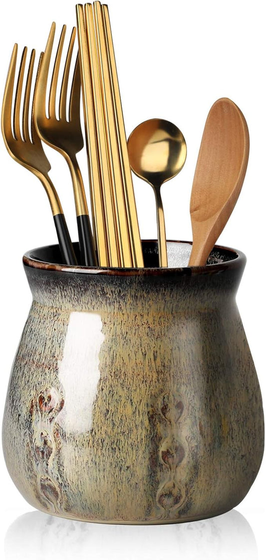 Ceramic Utensil Holder, Small Utensil Crock Ideal for Spoons, Forks and Knives, Easy to Clean 30 oz (Gradient Gray)