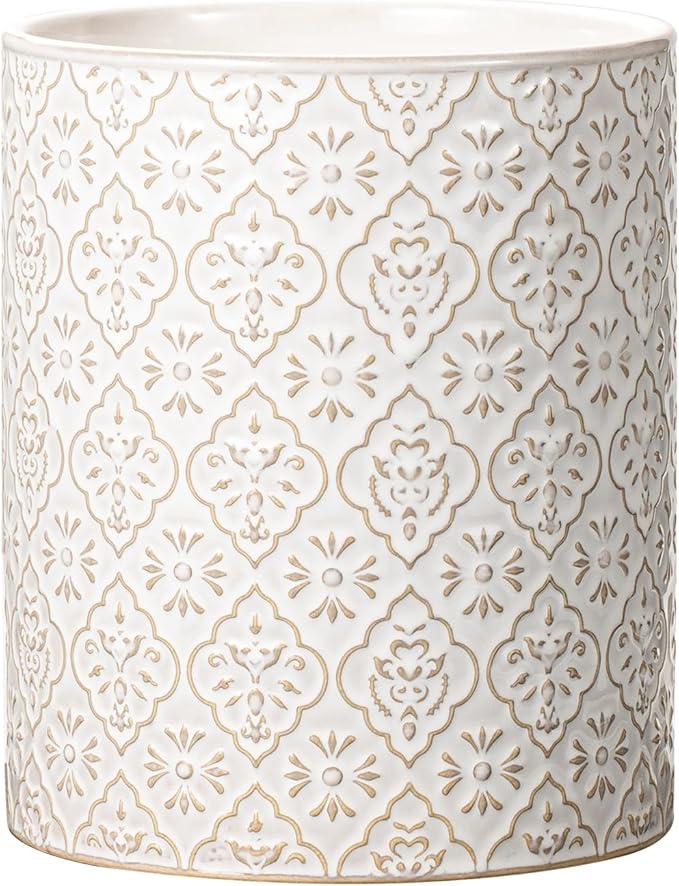 Kitchen Utensil Holder, 6x7 inch Large Ceramic Utensil Holder with Embossed Pattern, Cooking Utensil Crocks for Kitchen Countertop, Home Decor, Off-White by MIKIGEY