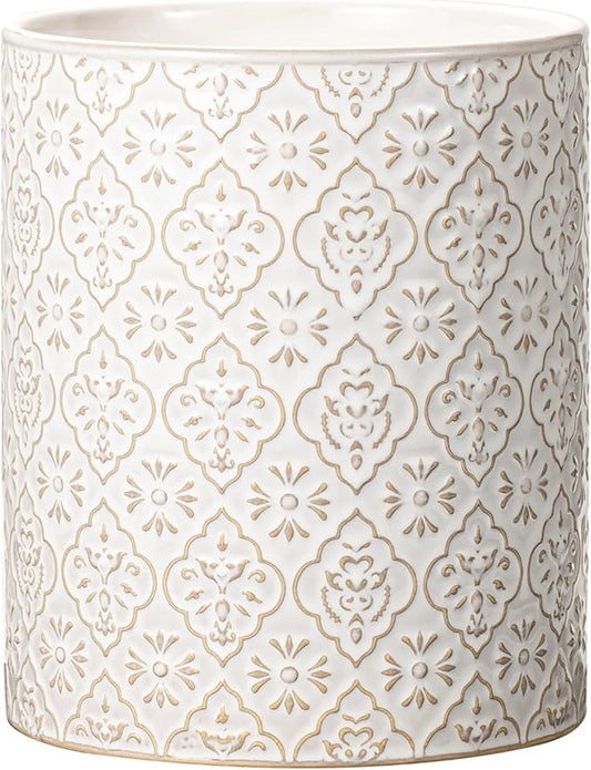 Kitchen Utensil Holder, 6x7 inch Large Ceramic Utensil Holder with Embossed Pattern, Cooking Utensil Crocks for Kitchen Countertop, Home Decor, Off-White by MIKIGEY