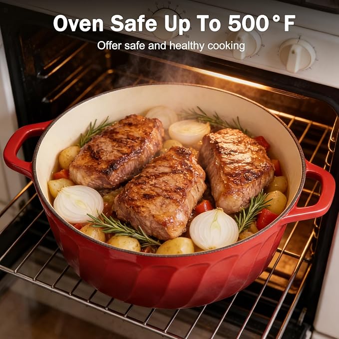 6 QT Enameled Cast Iron Dutch Oven with Lid, Non-Seasoning Enamel Coated Pot, 500°F Oven Safe, Dual Handles, Compatible with All Cooktops for Bread Baking, Braising & Stewing, White (Red,6 QT)