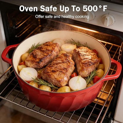 6 QT Enameled Cast Iron Dutch Oven with Lid, Non-Seasoning Enamel Coated Pot, 500°F Oven Safe, Dual Handles, Compatible with All Cooktops for Bread Baking, Braising & Stewing, White (Red,6 QT)