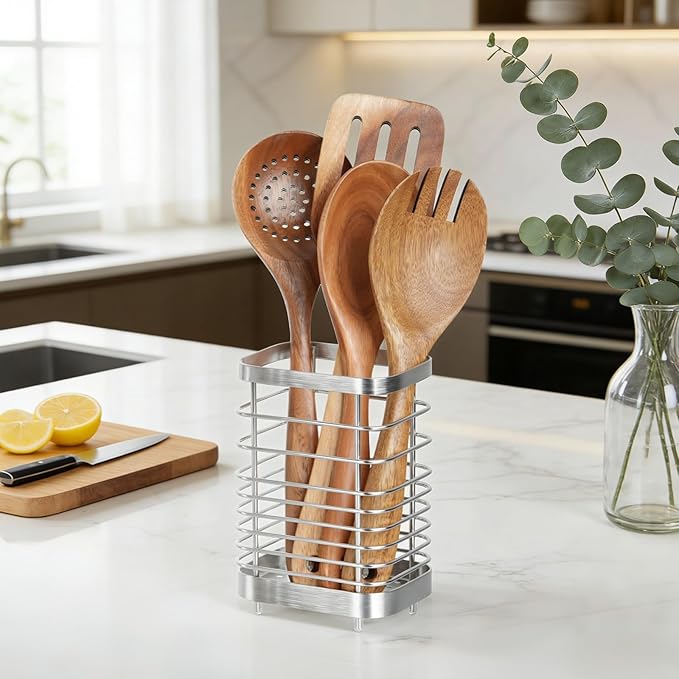 Utensil Holder, Stainless Steel Utensil Drying Rack for Kitchen Counter, Silverware Cutlery Flatware Holder Forks, Knives, Spoons, Chopsticks Organizer (Silver) - Image 7