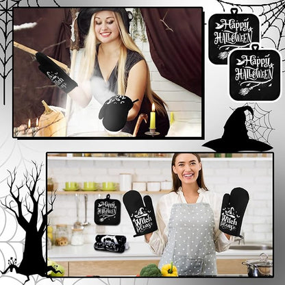 Fanfanwin 10 Pcs Halloween Kitchen Decor Set Witch Kitchen Towels and Rugs Pot Holders Oven Mitts Set for Home Cooking Dish Baking Decorative