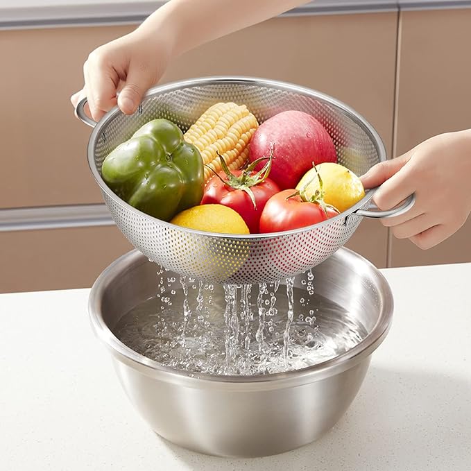 E-far Stainless Steel Colander Set of 3 (1-3-5Quart), Micro-Perforated Metal Colander Strainer with Handle for Kitchen/Draining Pasta/Rinsing Vegetables Fruits, Heavy Duty & Dishwasher Safe - Image 7