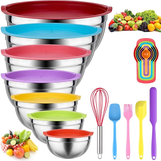 Leidawn Mixing Bowls with Lids for Kitchen - 25 PCS Stainless Steel Nesting Colorful Mixing Bowls Set for Baking,Mixing,Serving & Prepping,Size 5, 3.7, 2.8, 2.3, 1.7, 1.1, 0.7QT,11 Cooking Utensils by Leidawn