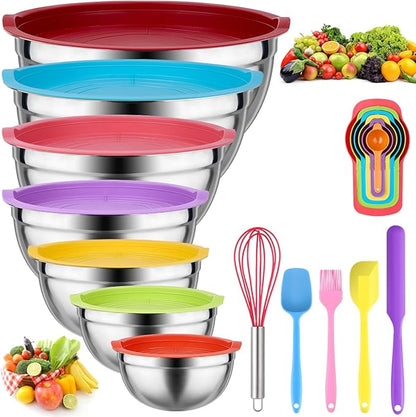 Leidawn Mixing Bowls with Lids for Kitchen - 25 PCS Stainless Steel Nesting Colorful Mixing Bowls Set for Baking,Mixing,Serving & Prepping,Size 5, 3.7, 2.8, 2.3, 1.7, 1.1, 0.7QT,11 Cooking Utensils by Leidawn
