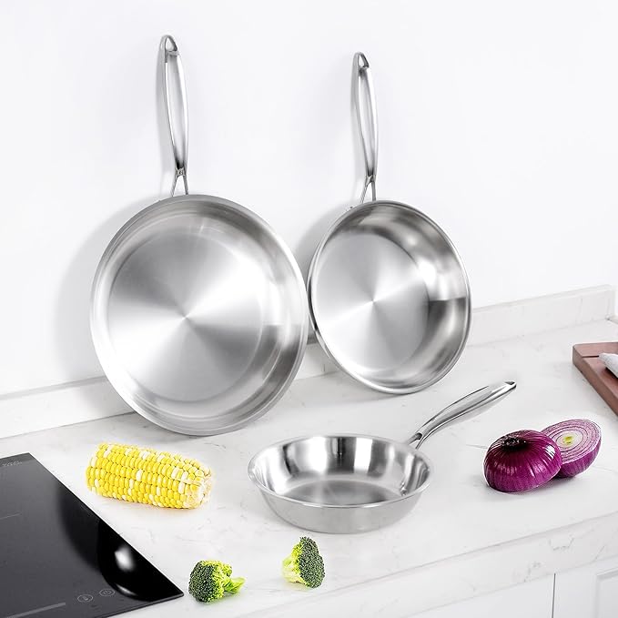 SuperCook 3-Piece Tri Ply Stainless Steel Frying Pan Set, 8"/10"/12" Stainless Steel Frying Pans, Stainless Skillet Pan, Sauté Pans, Non-Toxic, Multiclad, Induction Oven Compatible, Dishwasher Safe