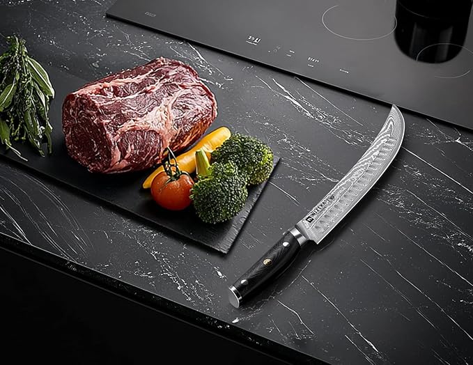 WIZEKA Carving Knife-10 Real Damascus Breaking Knife,Razor Sharp Butcher knife Curved Scimitar Brisket Knife for Meating Cutting with G10 Handle - Image 5