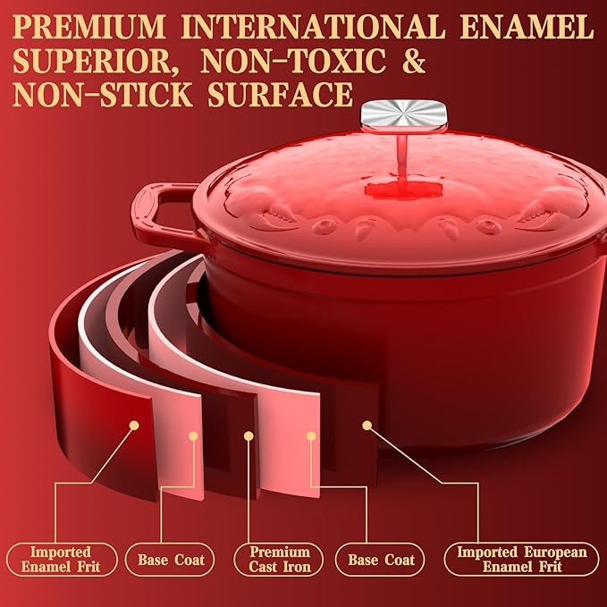 Enameled Cast Iron Dutch Oven - 5 Quart, Exclusive Designed Crab Lid, Oversized Knob, for Bread Baking Braiser Cooking - Red - Image 4