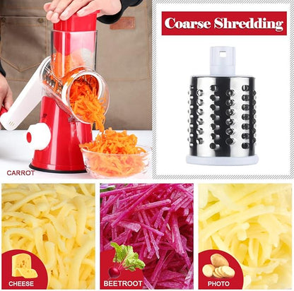 Ourokhome Rotary Cheese Grater Hand Crank, Kitchen Shredder Speed Mandolin Slicer Nut Grinder with Handle and Drum Blades for Cheese, Vegetable, Walnut, Chocolate, Potato, Carrot, 3 Blades, Red - Image 3