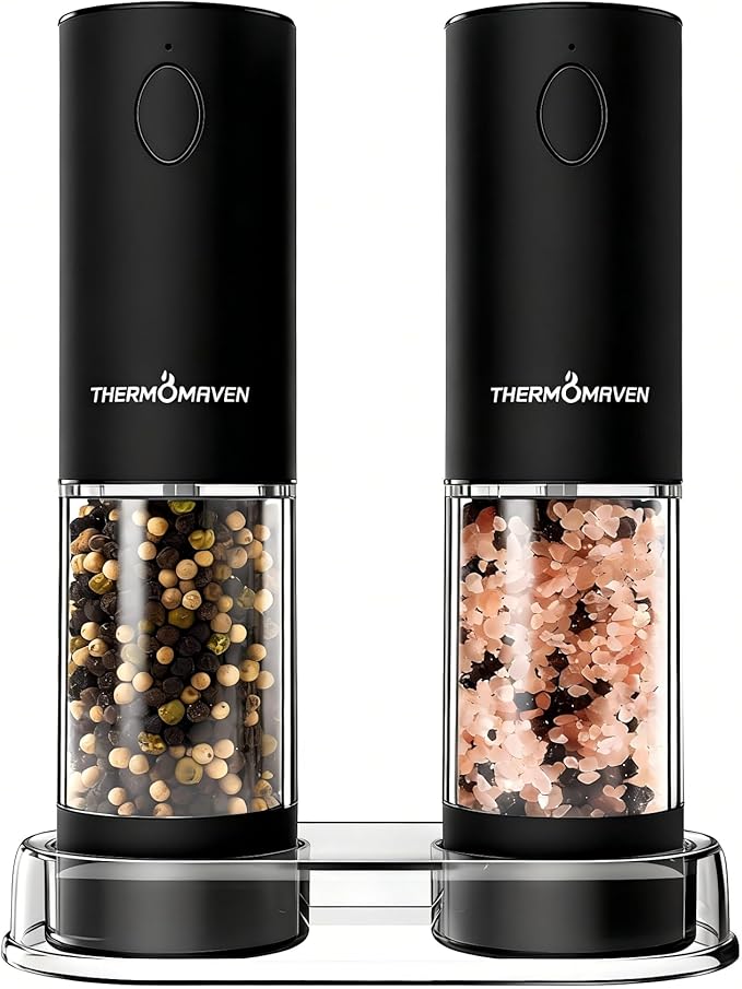 ThermoMaven Electric Salt and Pepper Grinder Set, 110ml Larger Rechargeable Automatic Salt and Pepper Mill Grinder with 6 Adjustable Coarseness, Electric Salt and Pepper Shakers, LED, Midnight Black by ThermoMaven