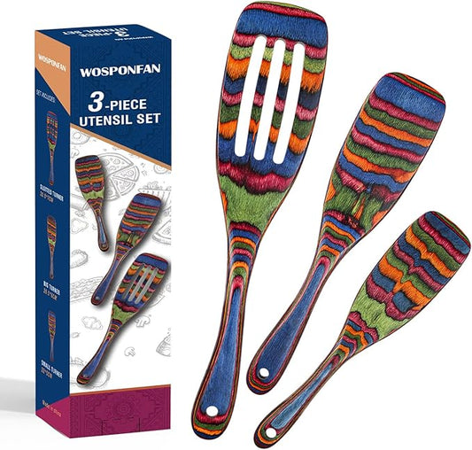 Spurtle Set, Wooden Utensils for Cooking, WOSPONFAN Kitchen Utensils Set, Pakkawood Kitchen Cooking Utensils Set, Apartment Essentials Wood Serving Spatula spoon, Home & kitchen Gift for Women & Men