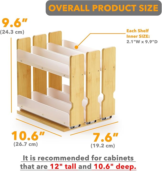 SpaceAid Bamboo Pull Out Spice Rack Organizer for Cabinet, Heavy Duty Slide Out Seasoning Kitchen Pantry Sliding Vertical Organization, 7.6" Wide, 3 Drawers(2" Wide), 2-Tier, Natural - Image 3