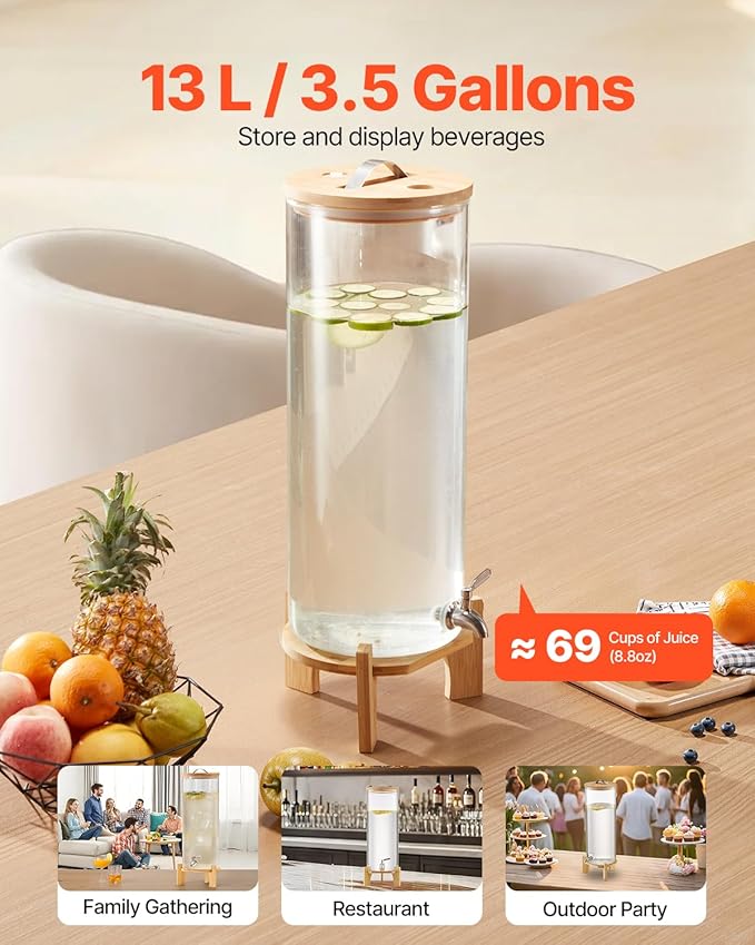 VEVOR Beverage Dispenser, 3.5 Gallon Drink Dispensers for Parties, Glass Juice Dispenser with Wood Stand, Stainless Steel Spigot, Iced Tea Lemonade Juice Water Dispensers for Parties