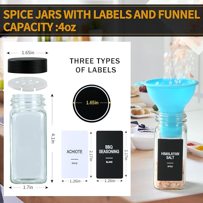 48 Glass Spice Jars with Labels, Spice Jar Set, 4oz Spice Containers, Seasoning Containers with Black Airtight Lids and Shaker Lids, Square Empty Spice Bottles, 492 Labels, 1 Funnel - Image 3