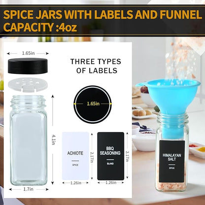 24 Glass Spice Jars with Labels, Spice Jar Set, 4oz Spice Containers, Seasoning Containers with Black Airtight Lids and Shaker Lids, Square Empty Spice Bottles, 492 Labels, 1 Funnel - Image 3