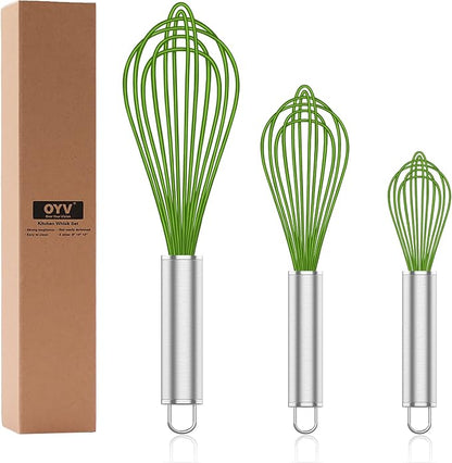OYV Silicone Whisk,Professional Whisks For Cooking Non Scratch,Stainless Steel & Silicone Wisk,Plastic Rubber Whisk Tool For Nonstick Cookware Pans,Silicon Wisks Set of 3,Green. - Image 8