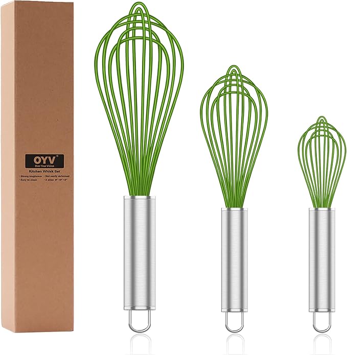 OYV Silicone Whisk,Professional Whisks For Cooking Non Scratch,Stainless Steel & Silicone Wisk,Plastic Rubber Whisk Tool For Nonstick Cookware Pans,Silicon Wisks Set of 3,Green. by OYV